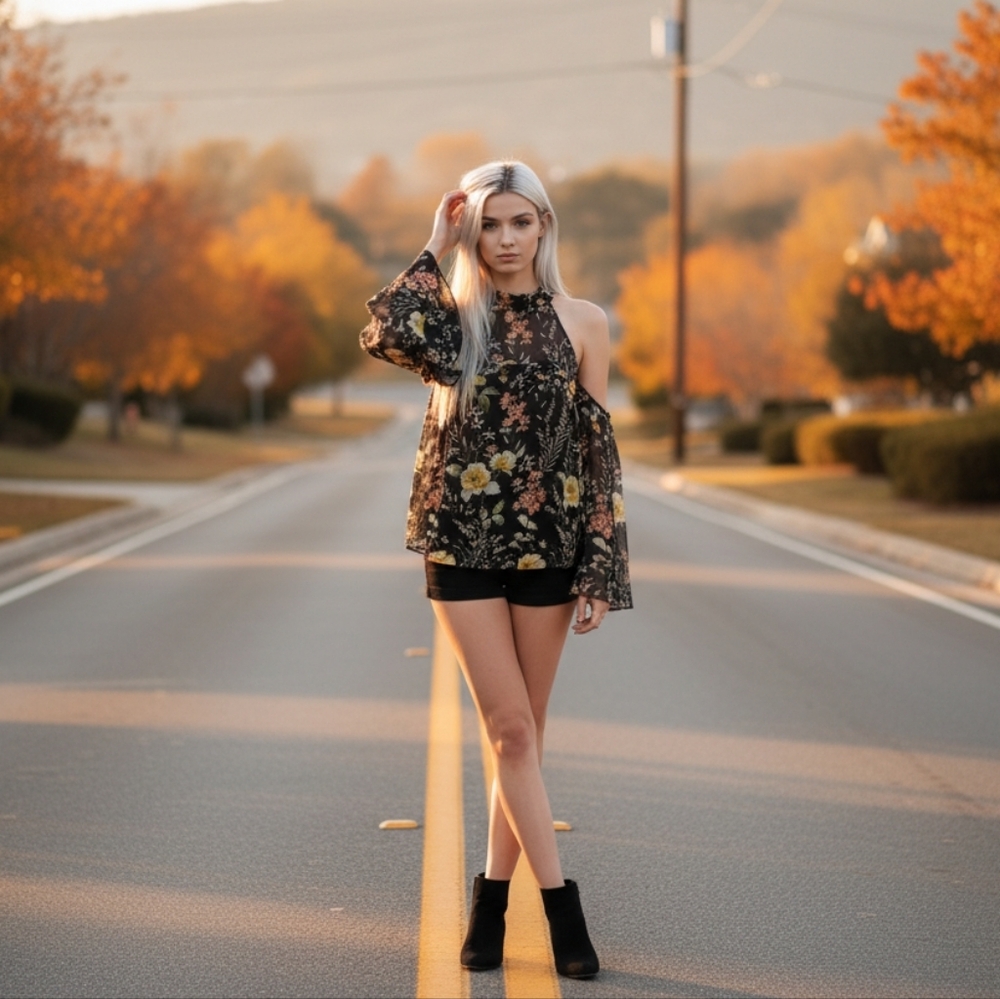 Sheer floral Whimsigoth Oversized Dramatic cold shoulder High Neck Blouse